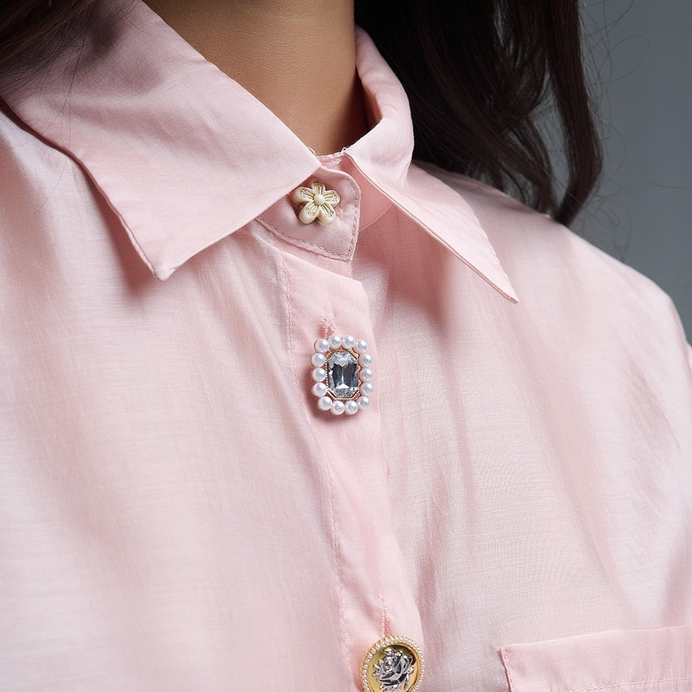 Silky Loose Shirt with Button Medley in Blush