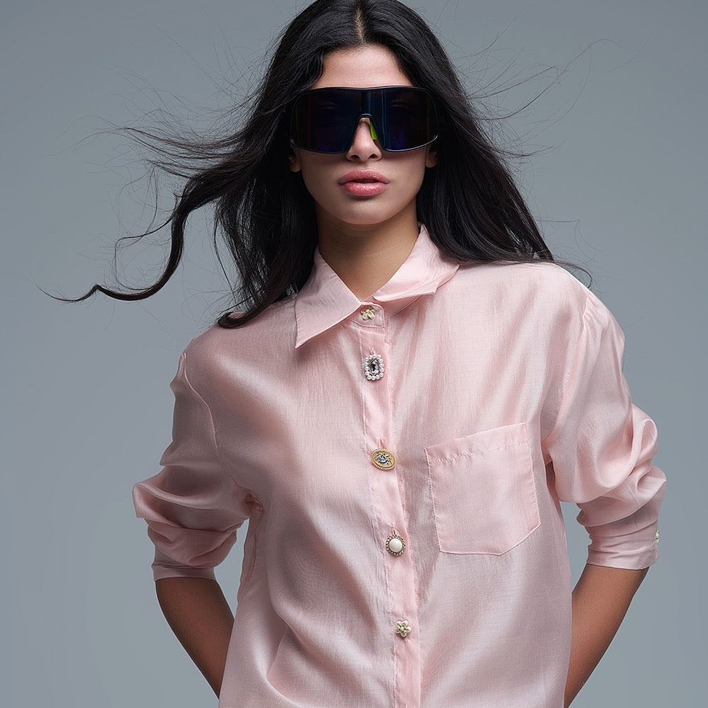 Silky Loose Shirt with Button Medley in Blush