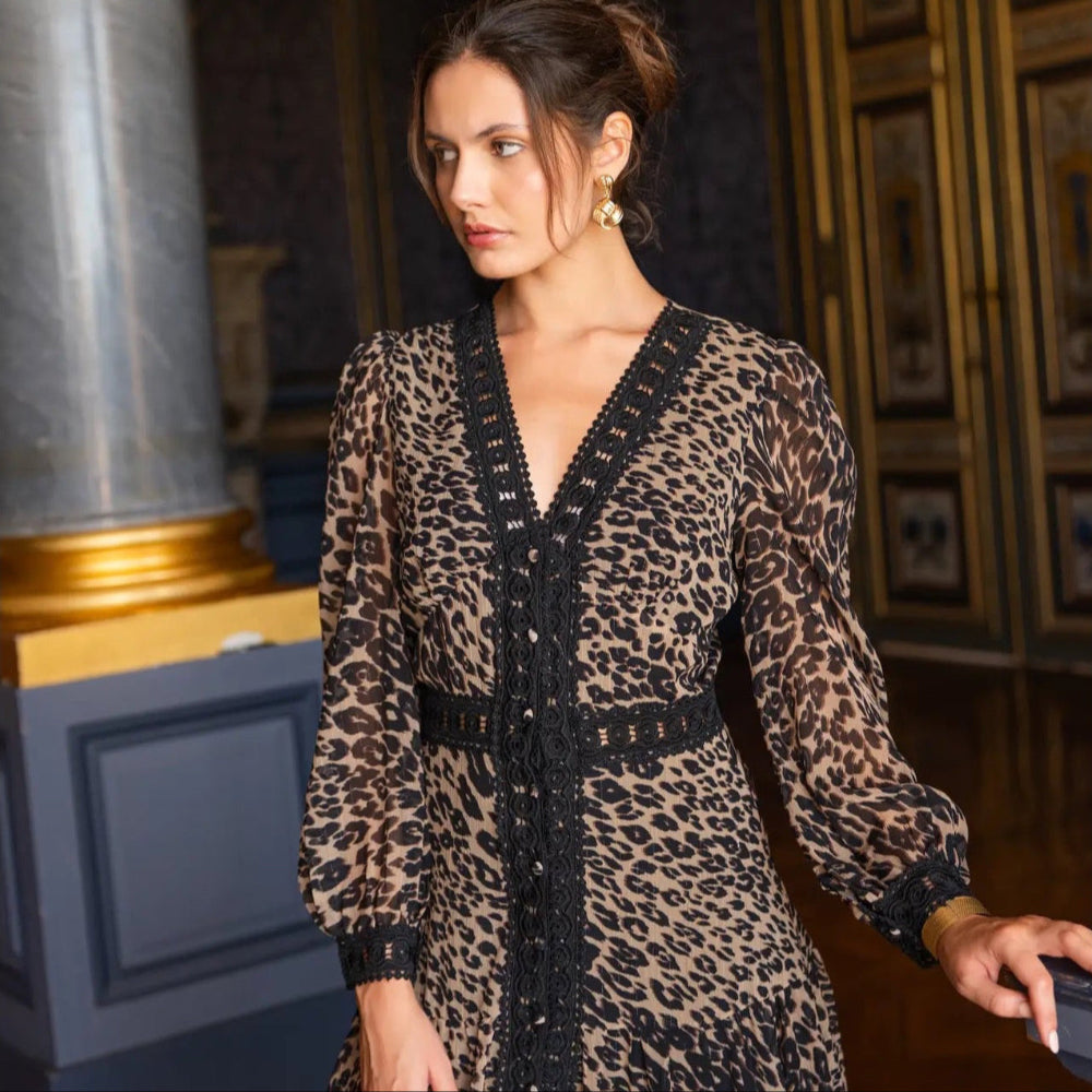 Avril Long Lace Leopard Print Dress