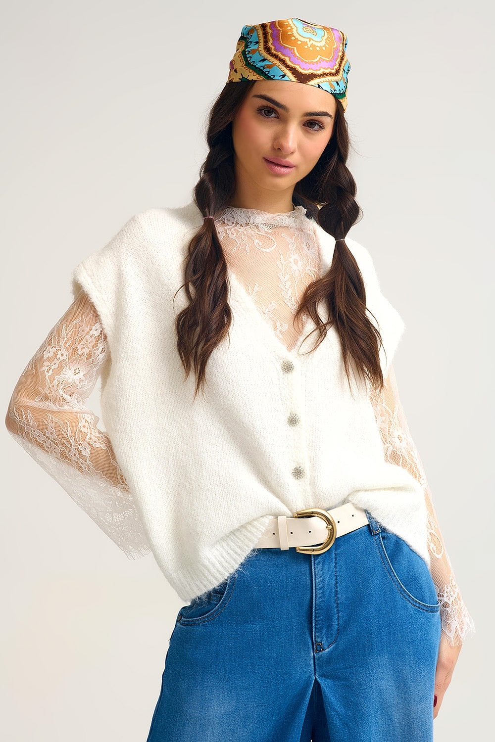 Soft Knit Sleeveless Sweater Vest With Lace