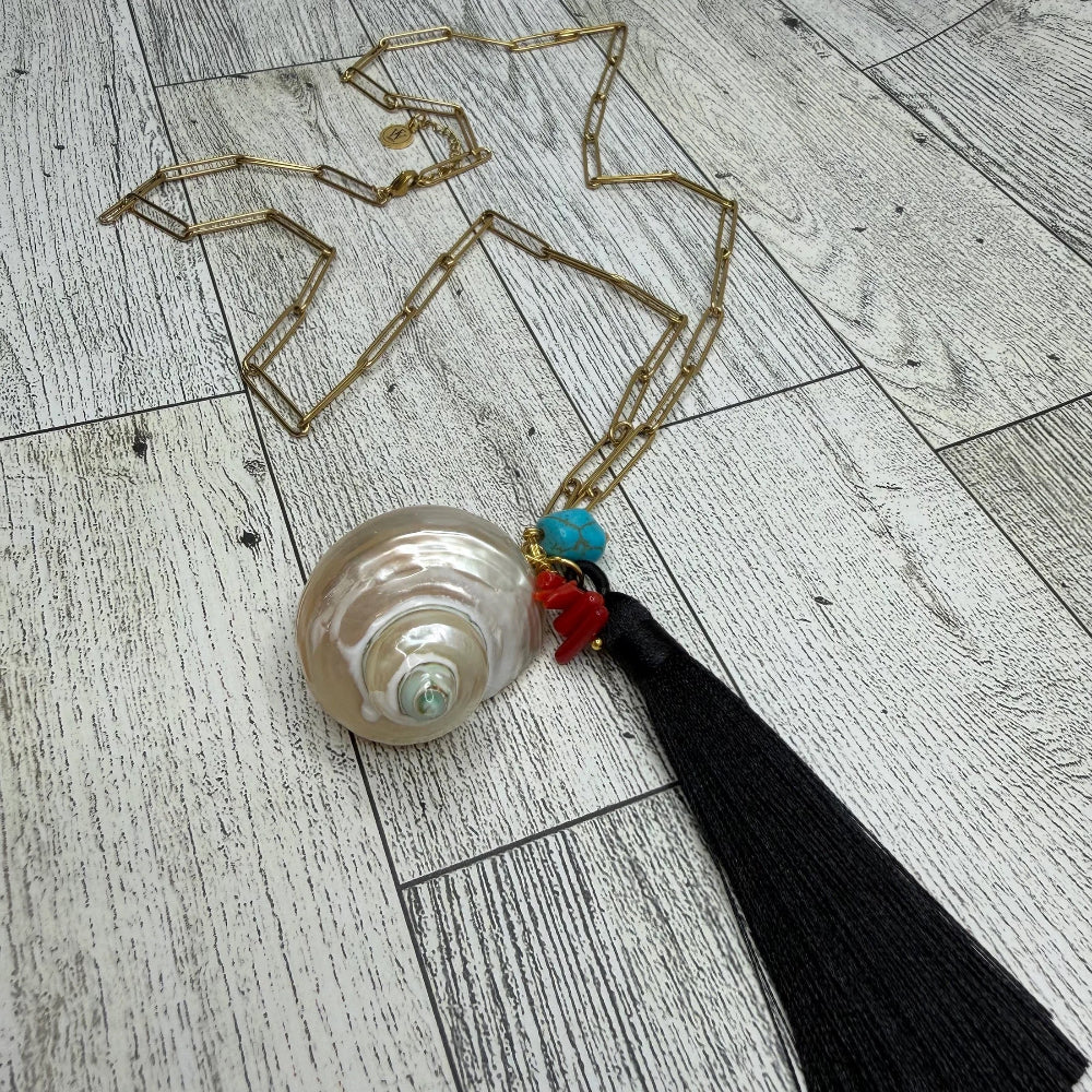 Long Paper Clip Necklace With Shell , Coral w/ Silk Tassels