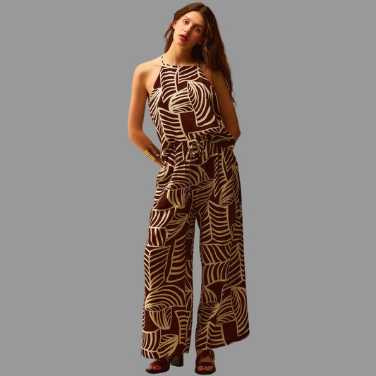 Leaf Print Wide Leg Pant
