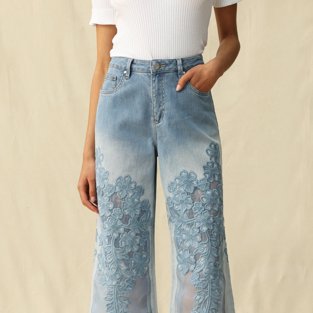 Tulle Front High Rise Wide Leg Denim