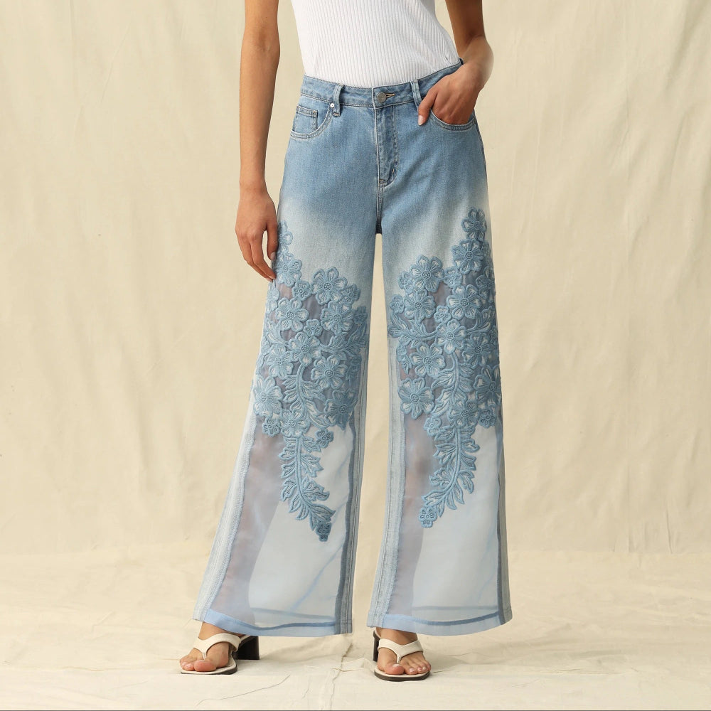 Tulle Front High Rise Wide Leg Denim