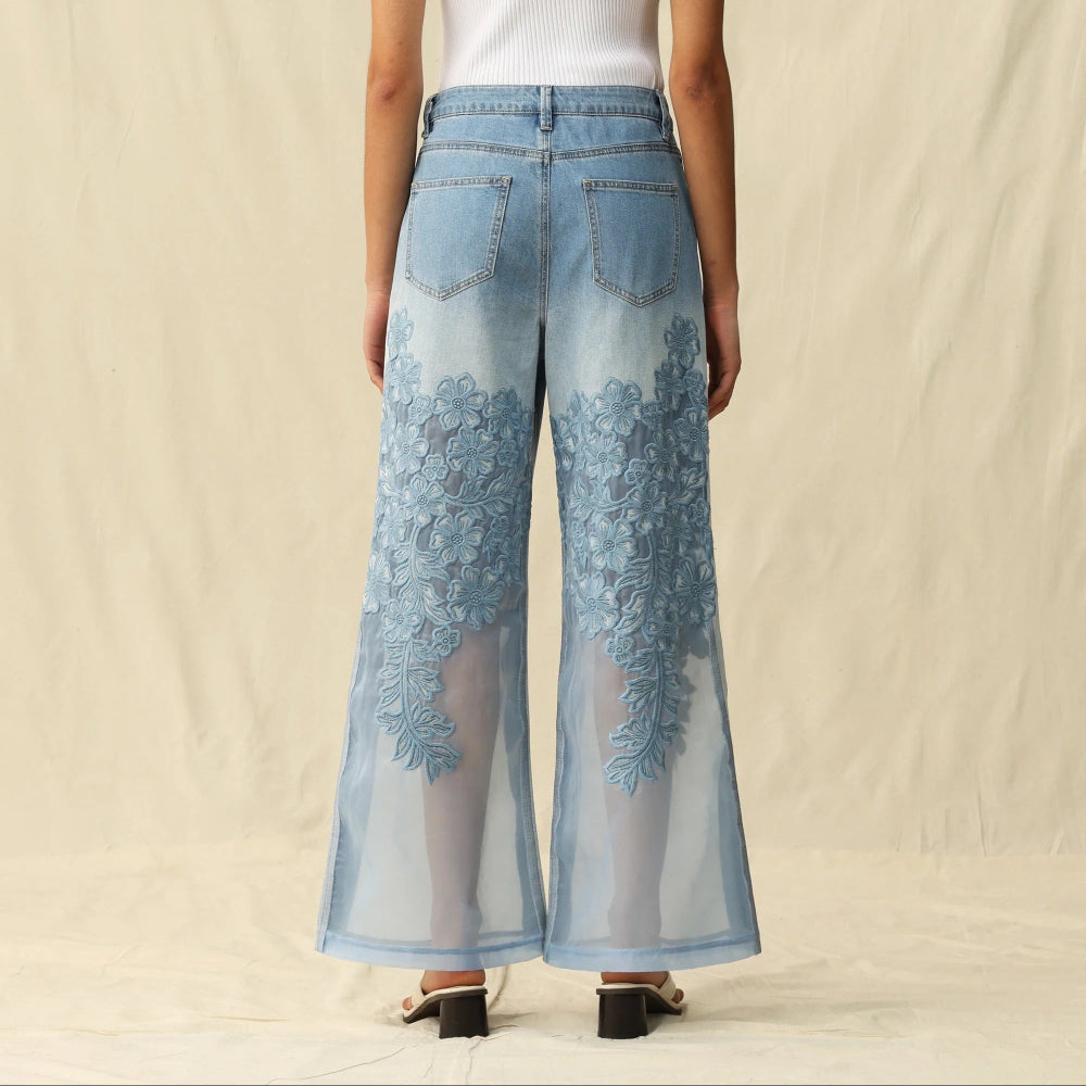 Tulle Front High Rise Wide Leg Denim