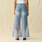 Tulle Front High Rise Wide Leg Denim