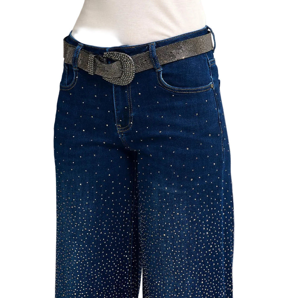 Wide Leg Denim Jeans With Rhinestone Details Front & Back