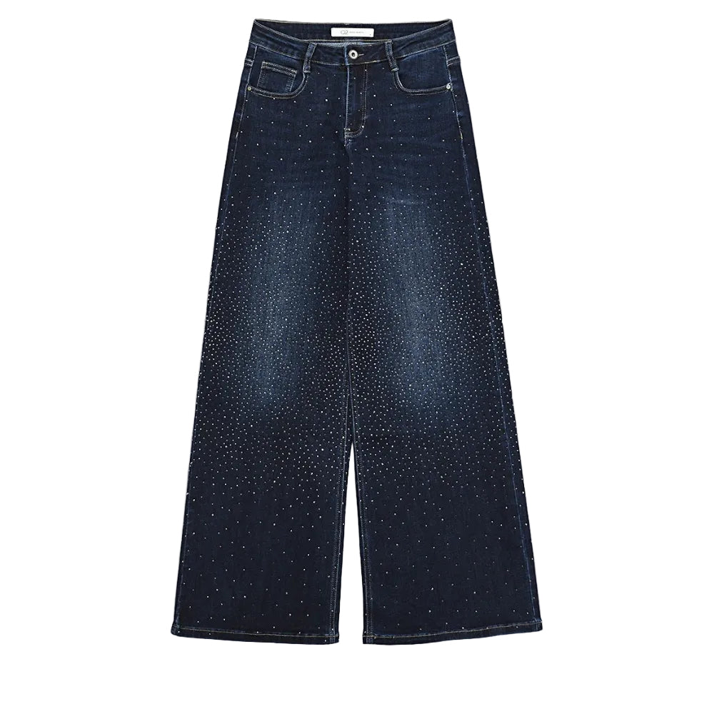 Wide Leg Denim Jeans With Rhinestone Details Front & Back