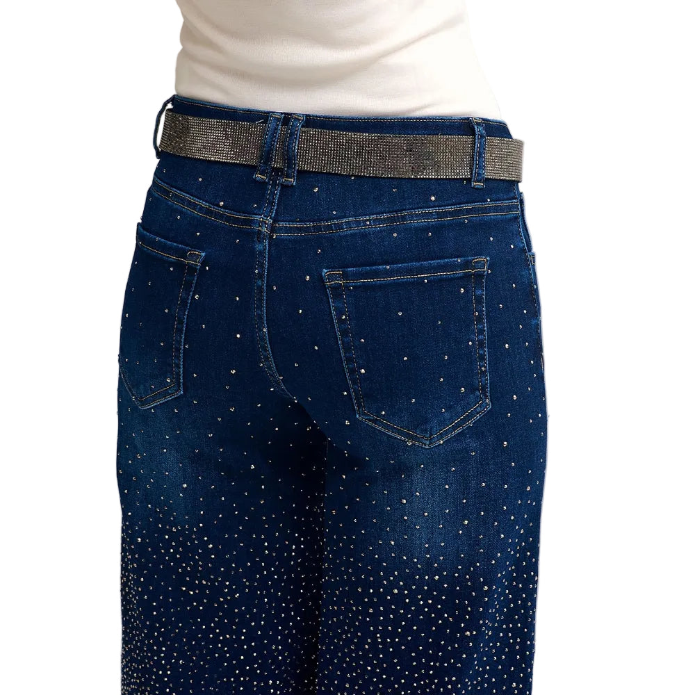 Wide Leg Denim Jeans With Rhinestone Details Front & Back