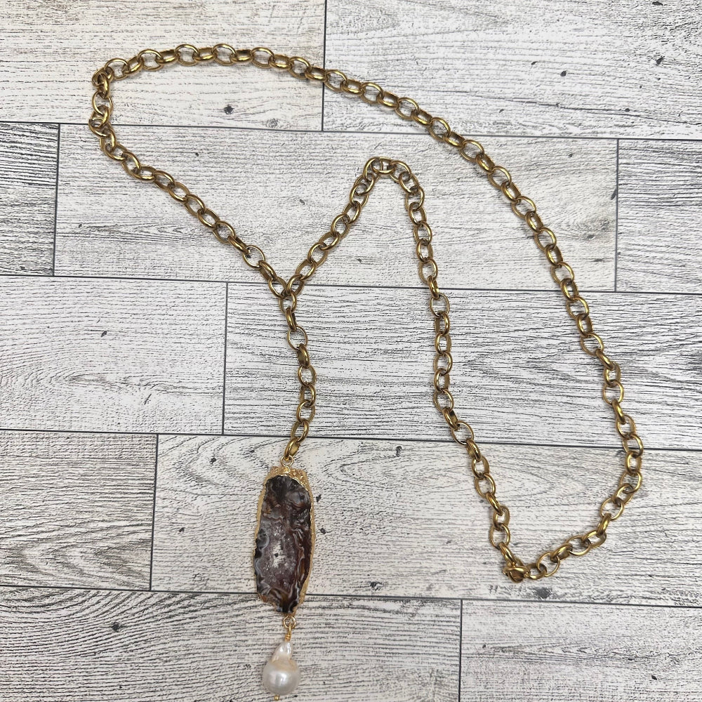 Agate Pendant, Baroque Pearl on Stainless Steel Rosary Style Necklace