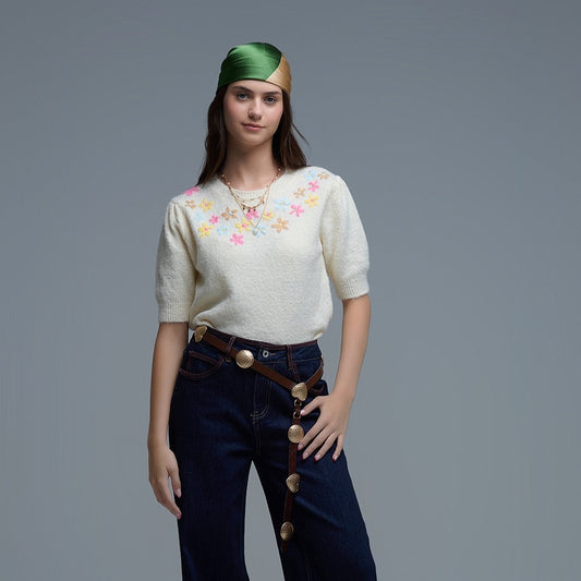 Cream Chunky Short Sleeve Sweater With Pastel Floral Detail
