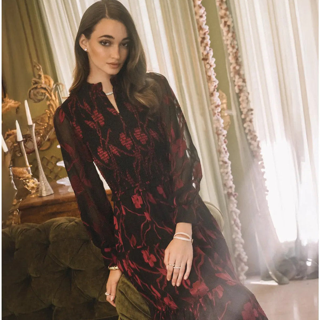 Floral Jacquard Tier Dress in Wine