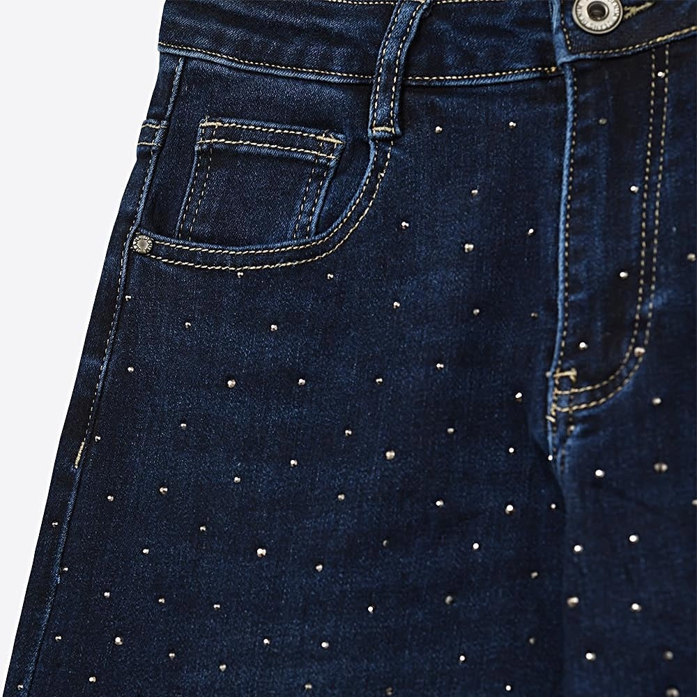 Wide Leg Denim Jeans With Rhinestone Details Front & Back