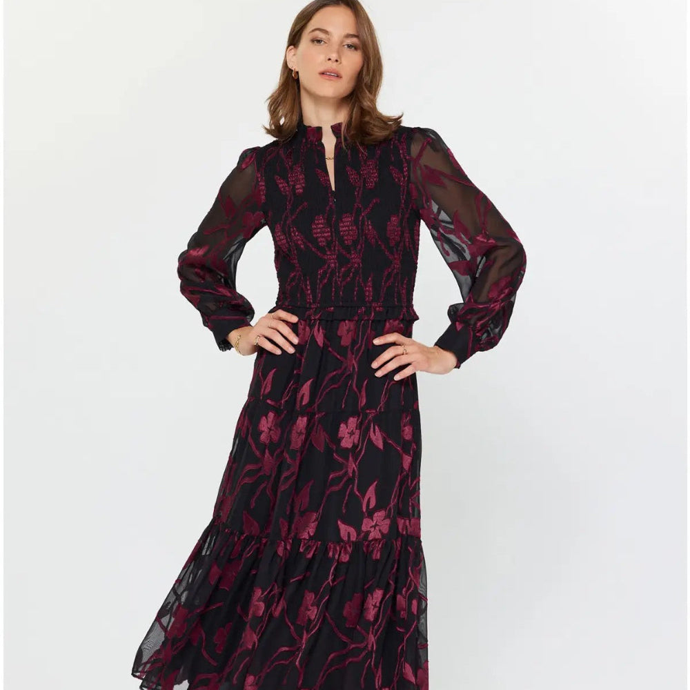 Floral Jacquard Tier Dress in Wine