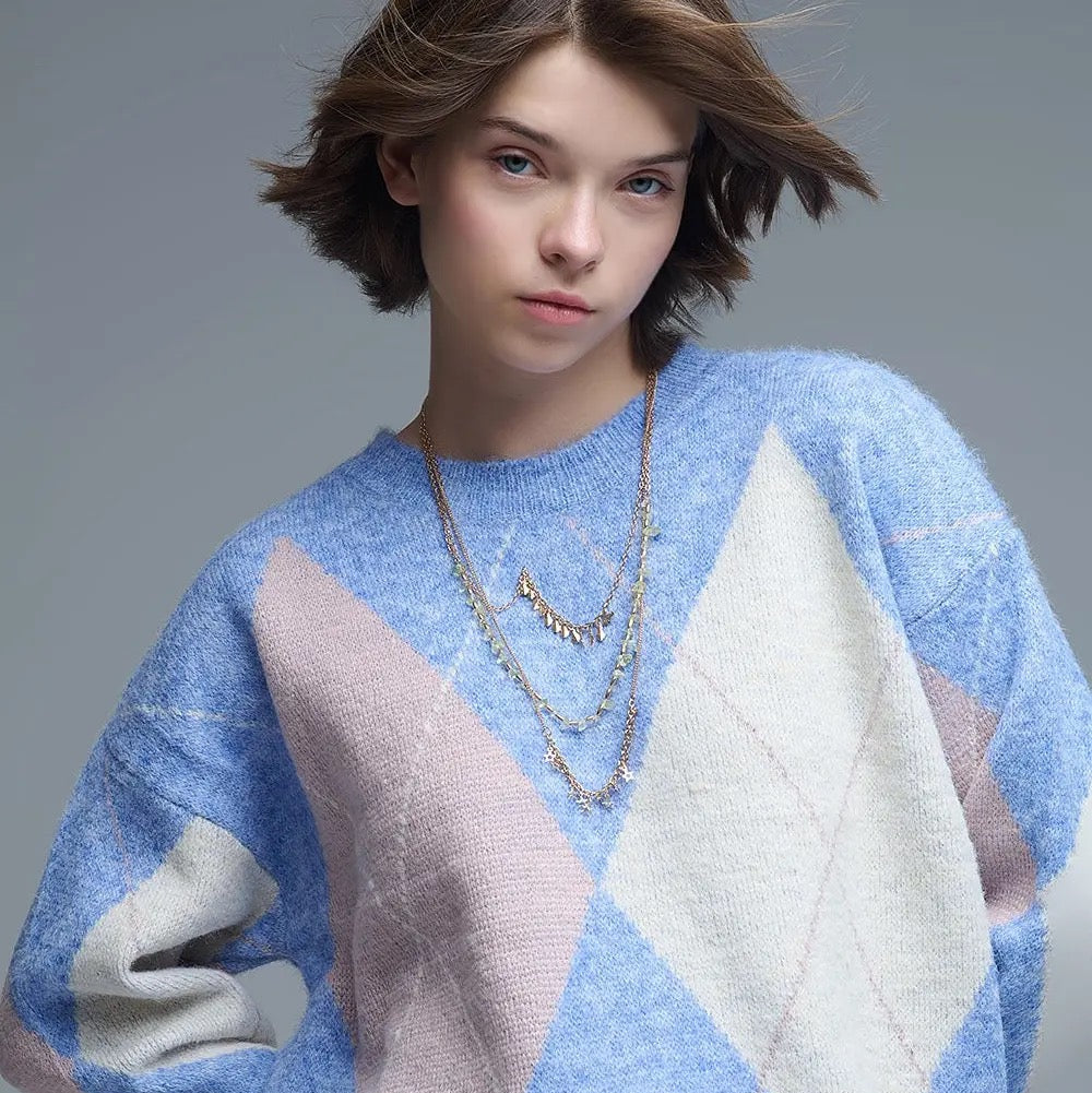 Loose Sweater in Sky Blue with Diamond Patterns