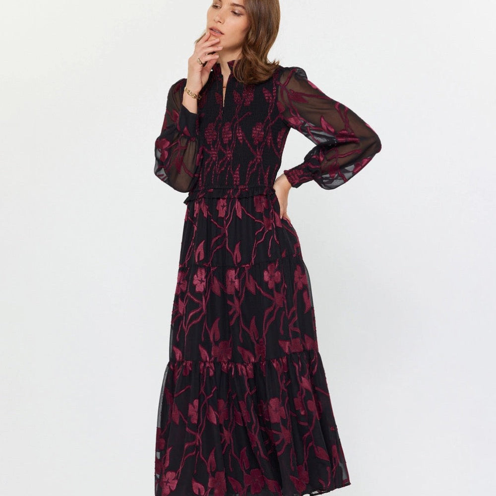 Floral Jacquard Tier Dress in Wine