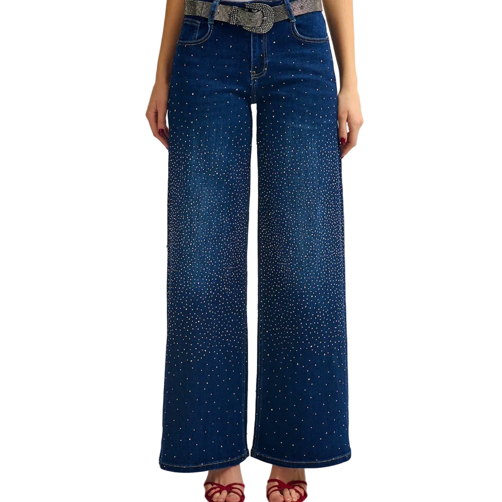 Wide Leg Denim Jeans With Rhinestone Details Front & Back