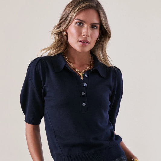 Ribbed Polo Knit Top In Navy