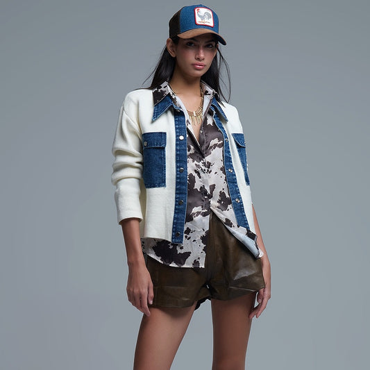 Cream Knitted Cardigan With Blue Denim Detail