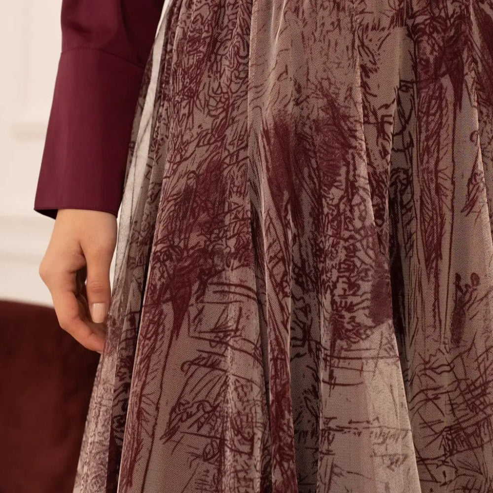 Printed Toile De Jouy Tulle Skirt In Bordeaux