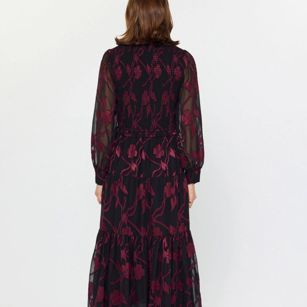 Floral Jacquard Tier Dress in Wine