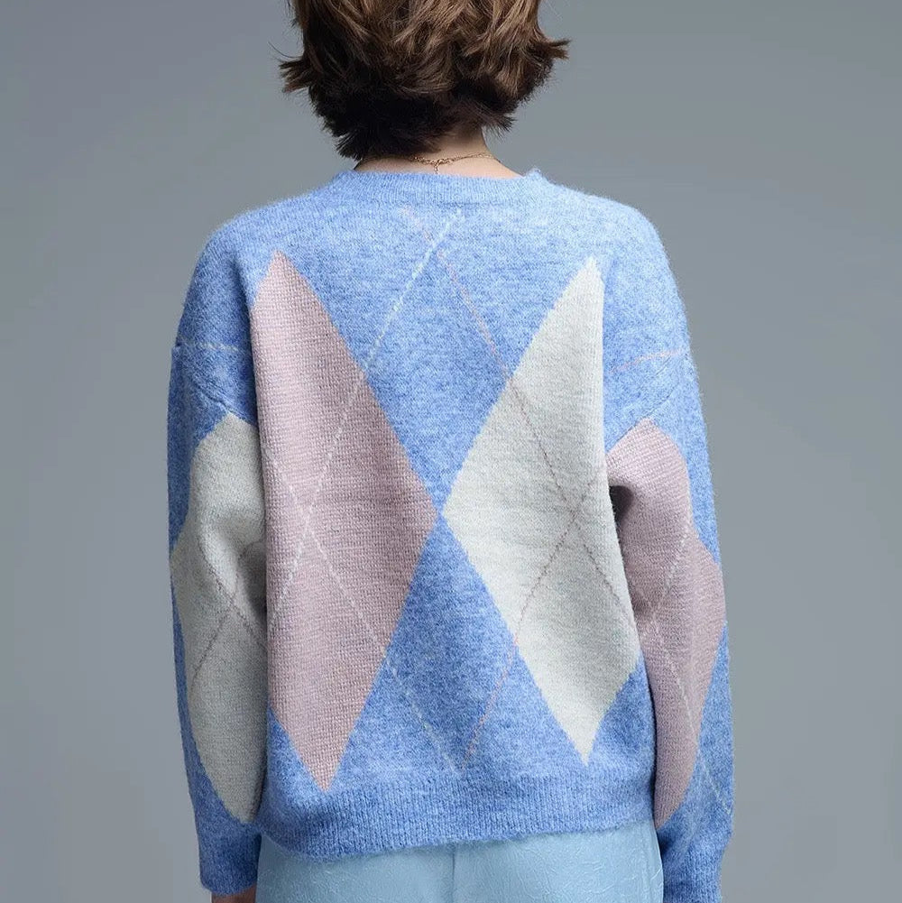 Loose Sweater in Sky Blue with Diamond Patterns