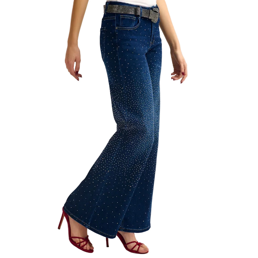 Wide Leg Denim Jeans With Rhinestone Details Front & Back
