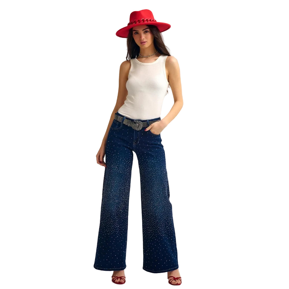 Wide Leg Denim Jeans With Rhinestone Details Front & Back