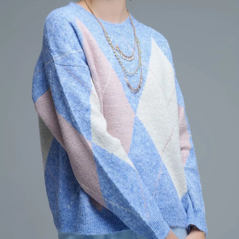 Loose Sweater in Sky Blue with Diamond Patterns