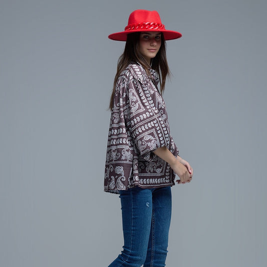 Brown Paisley Blouse With Volumonous Sleeves