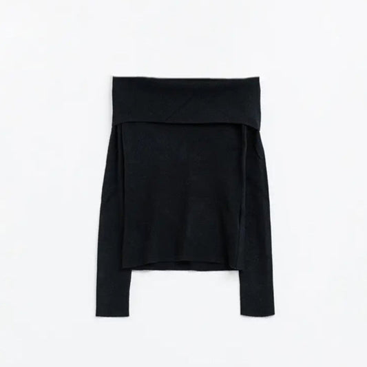 Black Fine Knit Sweater with Wide Boat Neck