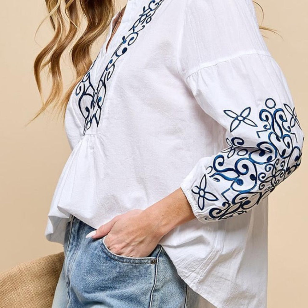 Tribal Embroidery V Neck Casual Shirt