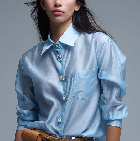 Silky Loose Shirt with Button Medley in Blue