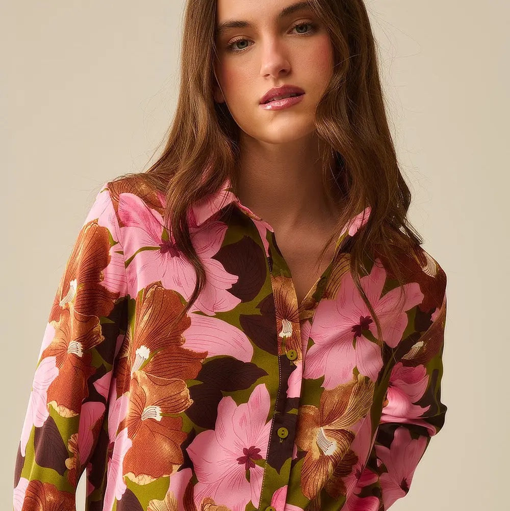 Satin Finish Tropical Floral Shirt in Olive Green