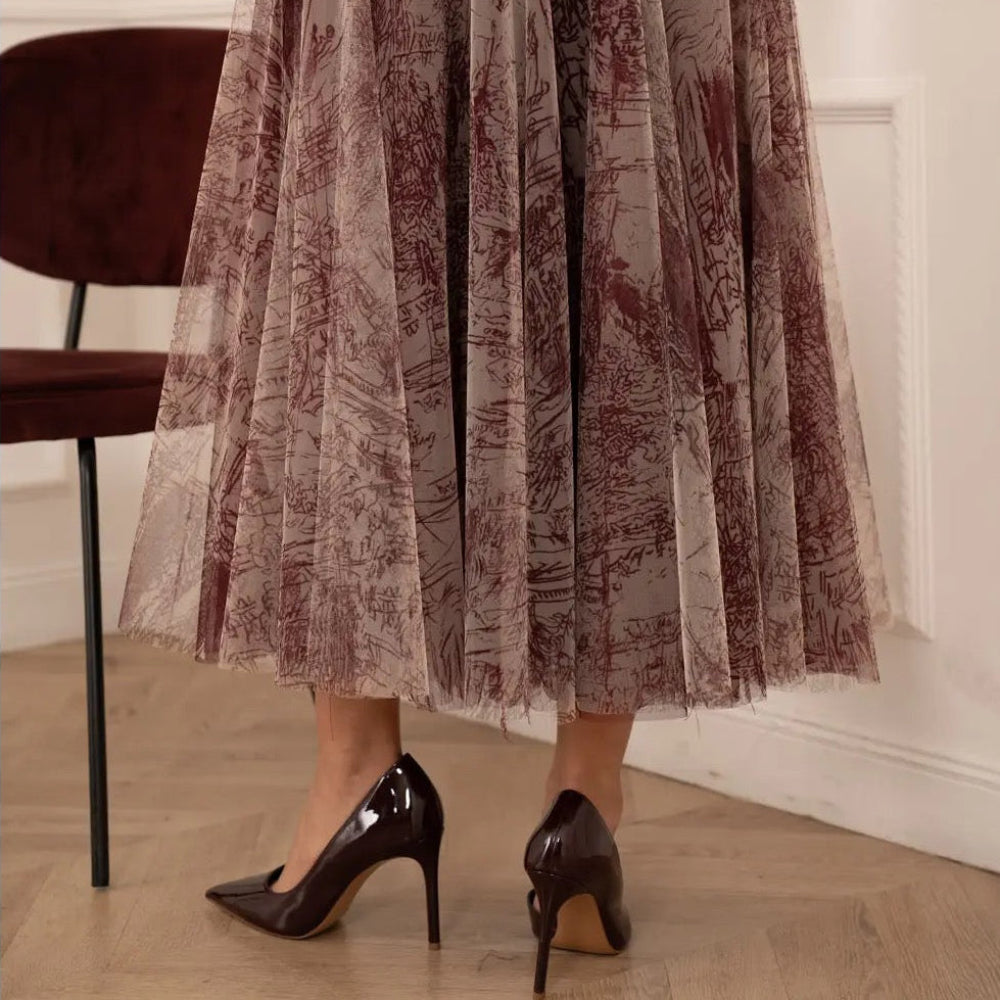Printed Toile De Jouy Tulle Skirt In Bordeaux
