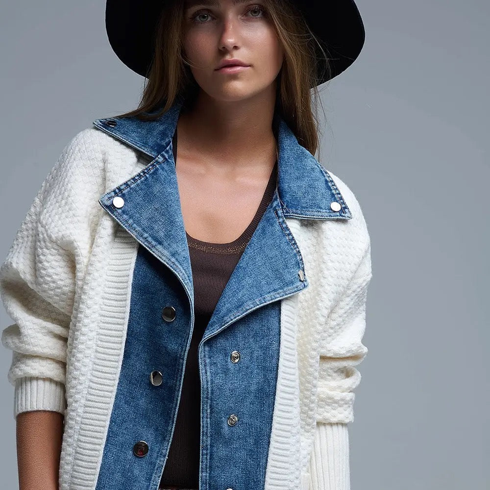 Waffle Knit Cardigan in White with Blue Chunky Denim Lining