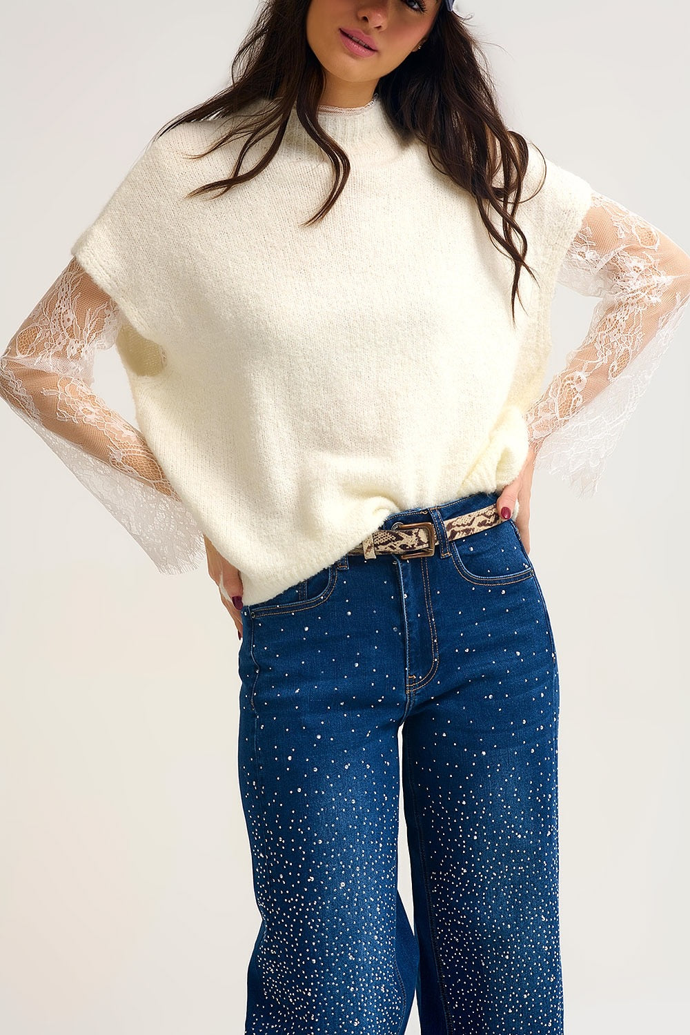 Soft Knit Sleeveless Sweater With Lace