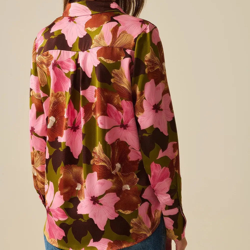 Satin Finish Tropical Floral Shirt in Olive Green