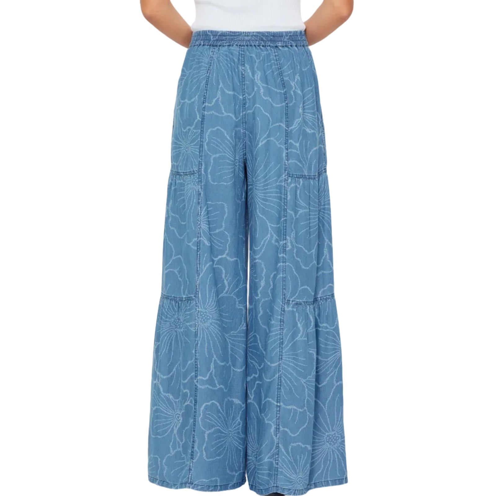 Floral Printed Wide Leg Polazzo Chambray Pants