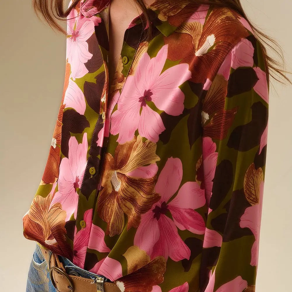 Satin Finish Tropical Floral Shirt in Olive Green