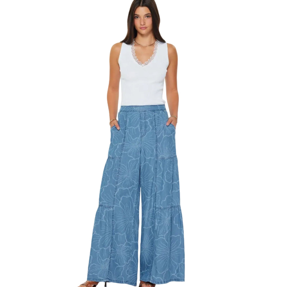 Floral Printed Wide Leg Polazzo Chambray Pants