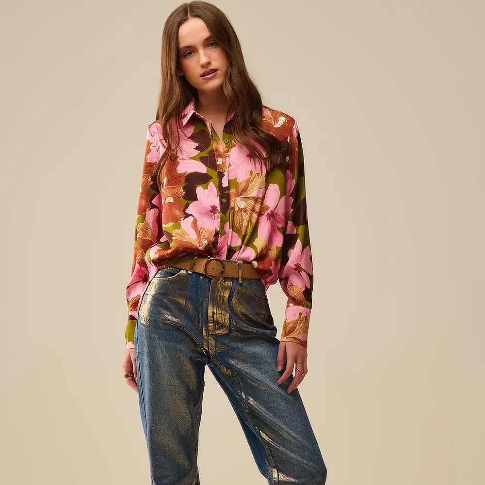 Satin Finish Tropical Floral Shirt in Olive Green