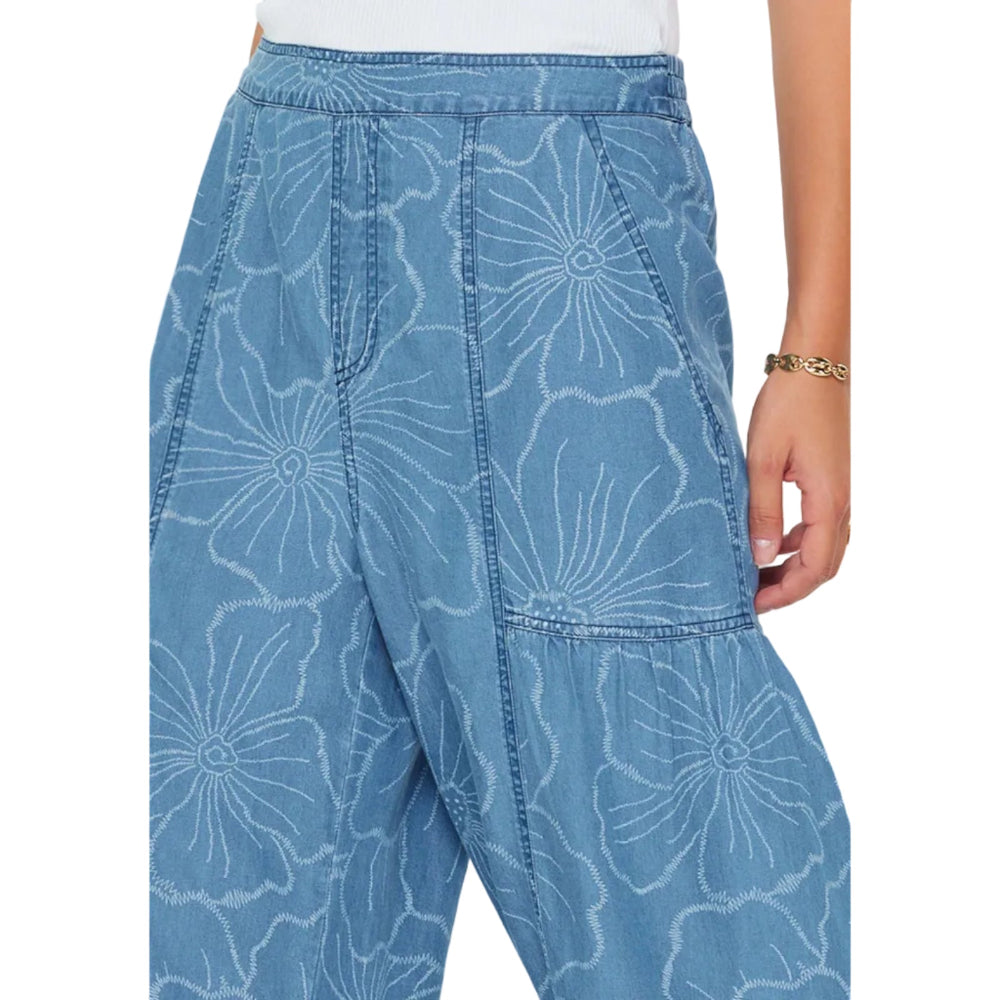Floral Printed Wide Leg Polazzo Chambray Pants