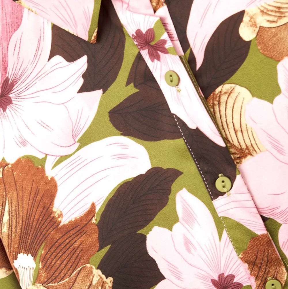 Satin Finish Tropical Floral Shirt in Olive Green
