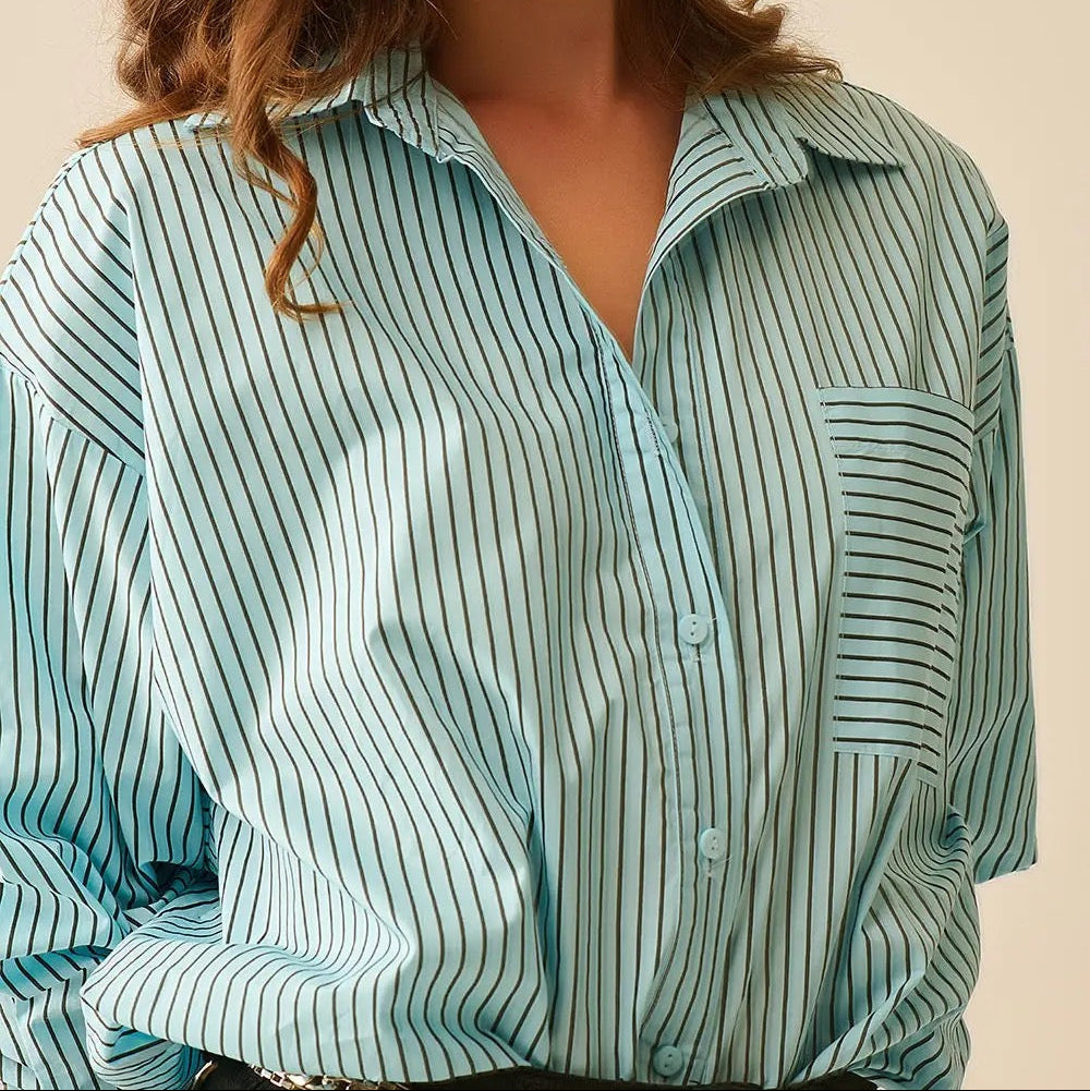 High-Low Oversized Striped Shirt with Chest Pocket in Black and Blue