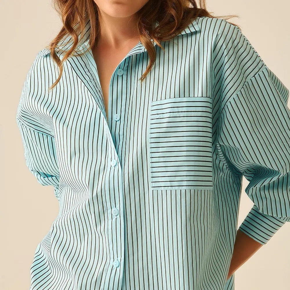 High-Low Oversized Striped Shirt with Chest Pocket in Black and Blue