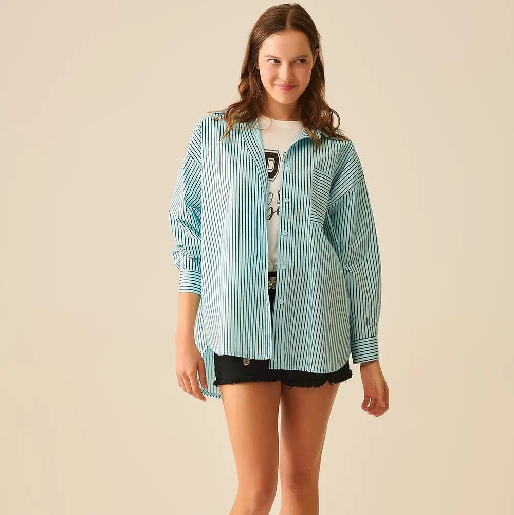 High-Low Oversized Striped Shirt with Chest Pocket in Black and Blue