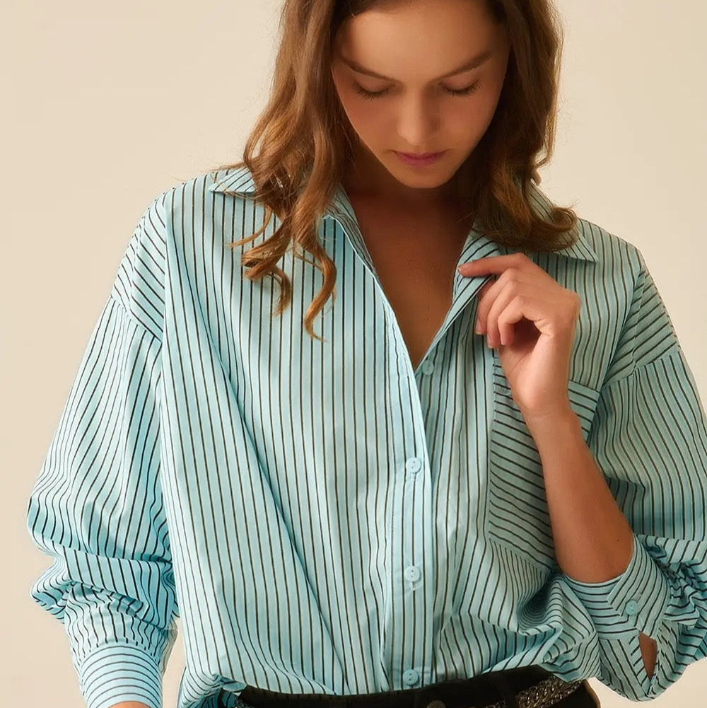 High-Low Oversized Striped Shirt with Chest Pocket in Black and Blue