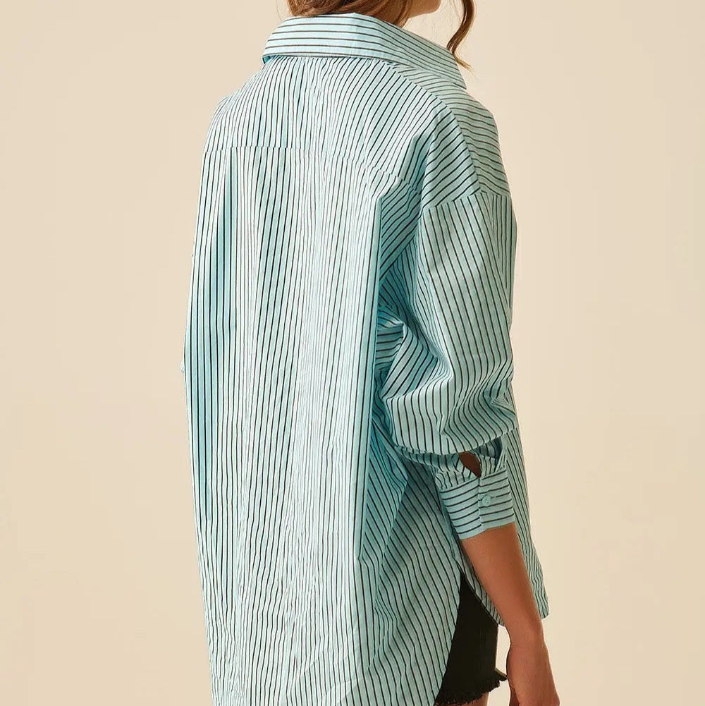 High-Low Oversized Striped Shirt with Chest Pocket in Black and Blue