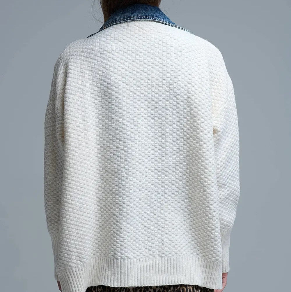 Waffle Knit Cardigan in White with Blue Chunky Denim Lining